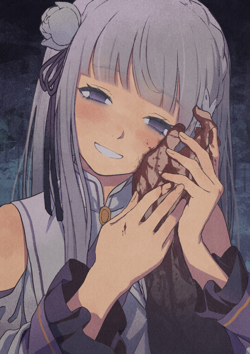 1boy bare_shoulders blood blunt_bangs blush braid commentary_request crown_braid detached_sleeves duplicate emilia_(re:zero) eyelashes female grey_eyes grey_hair hair_ribbon half-closed_eyes hand_grab hands_up head_tilt highres iwamushi long_hair re:zero_kara_hajimeru_isekai_seikatsu ribbon sidelocks smile