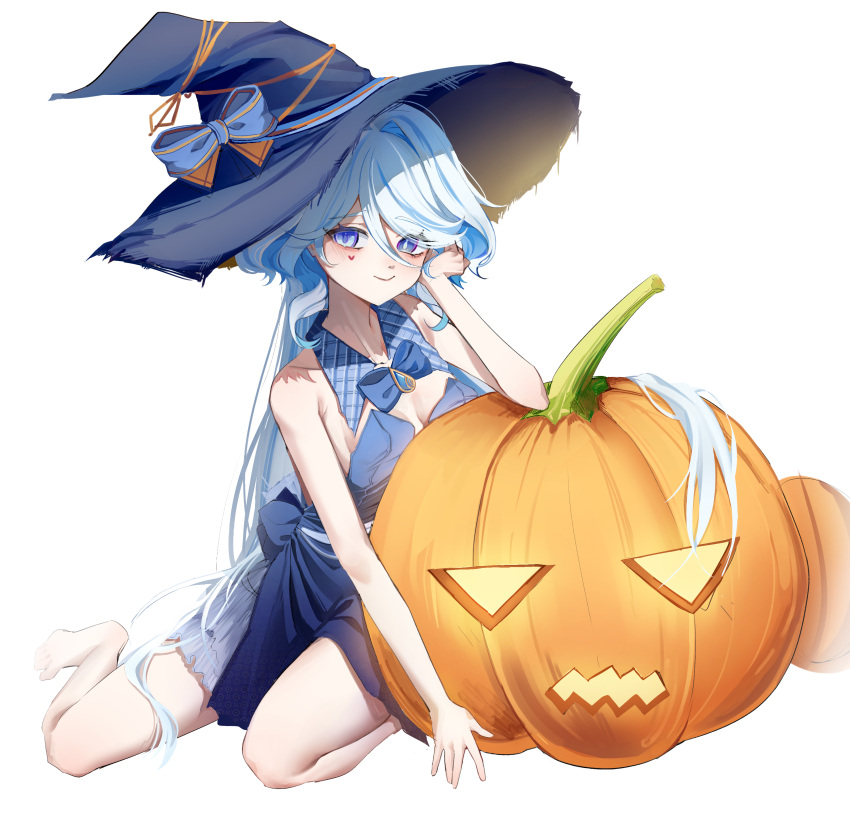 absurdres bare_shoulders blue_brooch blue_dress blue_eyes blue_gemstone blue_hair blver detached_collar dress drop-shaped_pupils female furina_(genshin_impact) gem genshin_impact halloween hat heart heart_tattoo heterochromia highres jack-o'-lantern large_hat light_blue_hair long_hair looking_at_viewer mismatched_pupils multicolored_hair pumpkin sleeveless sleeveless_dress solo streaked_hair symbol-shaped_pupils tattoo witch_hat