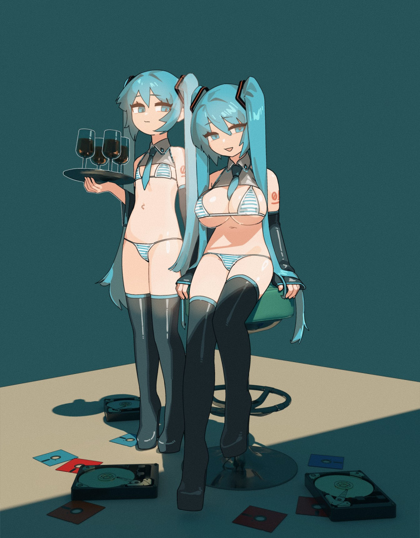 aqua_eyes aqua_hair bikini black_thighhighs boots breast_envy breasts chikuwa_fan973 cleavage commentary detached_sleeves dual_persona english_commentary female flat_chest floppy_disk hair_between_eyes hard_drive hatsune_miku highres large_breasts long_hair meme_attire miku_collar_bikini navel simple_background swimsuit thigh_boots thighhighs twintails vocaloid