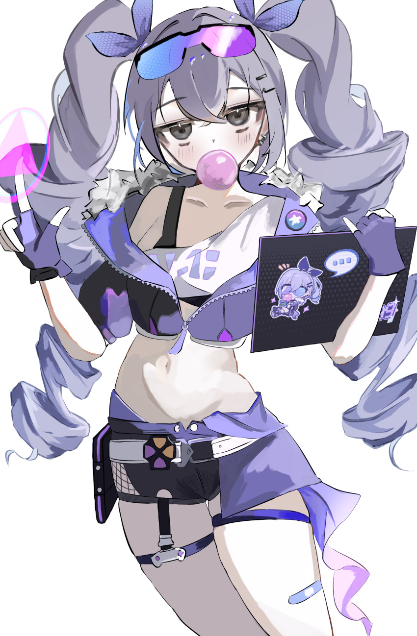 absurdres blowing_bubbles chewing_gum crossed_bangs dottmp4 drill_hair drill_ponytail eyewear_on_head female fur-trimmed_jacket fur_trim goggles goggles_on_head gradient-tinted_eyewear grey_eyes grey_hair highres honkai:_star_rail honkai_(series) jacket purple-tinted_eyewear shirt silver_wolf_(honkai:_star_rail) single-shoulder_shirt solo tinted_eyewear twintails