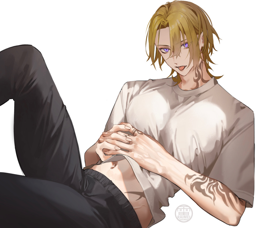 1boy absurdres arm_tattoo black_pants blonde_hair finger_tattoo fingernails hands_on_own_stomach highres leaning_back looking_at_viewer luca_kaneshiro male_focus medium_hair navel neck_tattoo nijisanji nijisanji_en open_mouth pants purple_eyes raimei_naru shirt simple_background solo stomach_tattoo sweatpants t-shirt tattoo virtual_youtuber white_background white_shirt