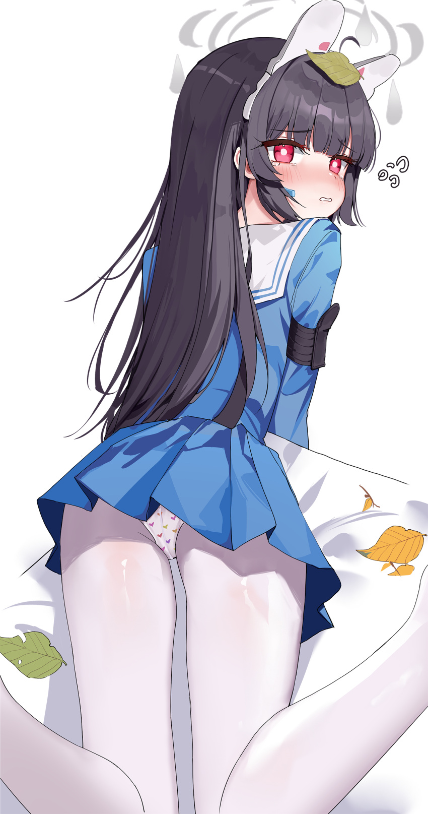 absurdres animal_ears ass black_hair blue_archive blue_serafuku blue_skirt blush fake_animal_ears female from_behind grey_halo halo heart heart_panties heart_print highres kamu_(stead06y) leaf leaf_on_head long_hair looking_back miyu_(blue_archive) panties pantyhose print_panties rabbit_ears red_eyes sailor_collar school_uniform serafuku skirt solo underwear white_pantyhose white_sailor_collar