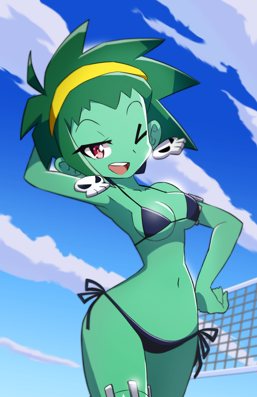 ;d absurdres arm_behind_head armpits bikini bikini_bottom_only black_bikini blue_sky breasts cleavage cloud colored_skin day earrings english_commentary female green_hair green_skin hairband hand_on_own_hip highres jewelry looking_at_viewer medium_breasts navel official_art one_eye_closed open_mouth outdoors red_eyes rottytops sakurajyousui_nami shantae_(series) short_hair side-tie_bikini_bottom skull skull_earrings sky smile solo standing stitched_leg stitches stomach swimsuit symbol-shaped_pupils teeth udon_entertainment upper_teeth_only volleyball_net yellow_hairband zombie