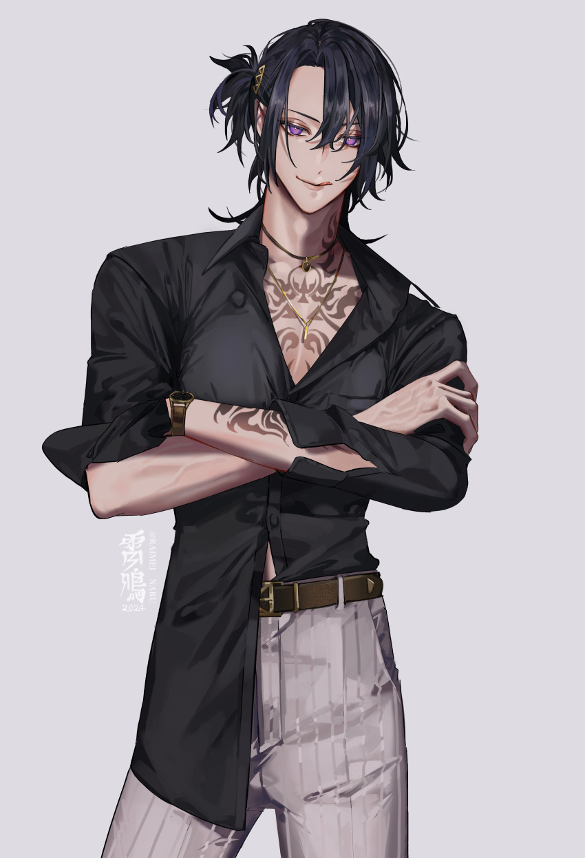 1boy absurdres arm_tattoo belt black_hair black_shirt brown_belt chest_tattoo collared_shirt crossed_arms highres jewelry looking_at_viewer luca_kaneshiro male_focus neck_tattoo necklace nijisanji nijisanji_en open_collar pants purple_eyes raimei_naru shirt shirt_partially_tucked_in short_sidetail side_ponytail simple_background solo tattoo tongue virtual_youtuber watch white_background white_pants wristwatch