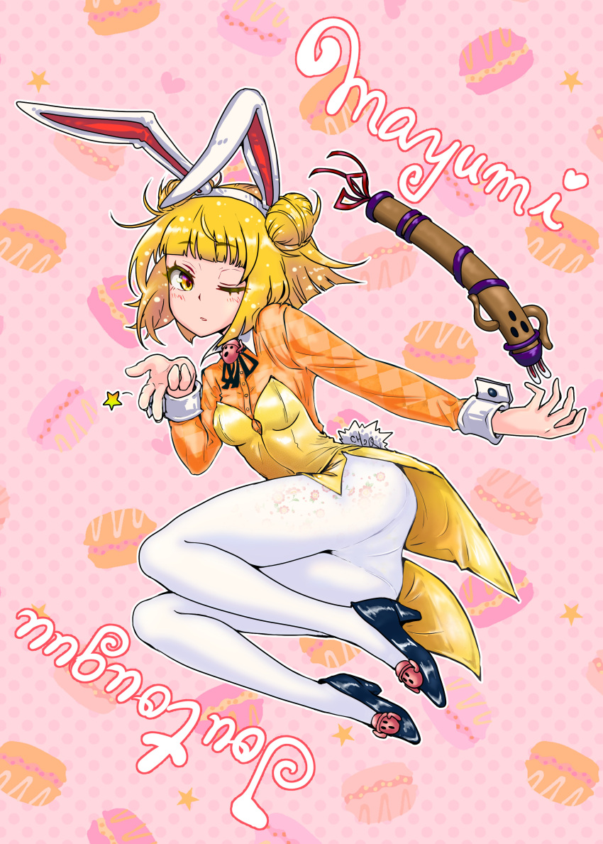 absurdres animal_ears ass blonde_hair blowing_kiss carbohydrate_(asta4282) character_name double_bun female food-themed_background hair_bun haniwa_(statue) high_heels highres joutouguu_mayumi leotard one_eye_closed orange_shirt outline pantyhose playboy_bunny rabbit_ears shirt star_(symbol) touhou white_pantyhose yellow_leotard