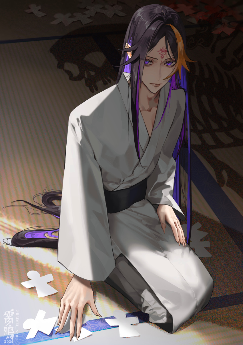 1boy absurdres black_hair black_sash blonde_hair collarbone fingernails from_above highres japanese_clothes kimono long_fingernails long_hair looking_at_viewer male_focus multicolored_hair nijisanji nijisanji_en obi on_floor paper_cutout purple_eyes purple_hair raimei_naru sash seiza shu_yamino sitting skeleton solo streaked_hair very_long_hair virtual_youtuber white_kimono wide_sleeves