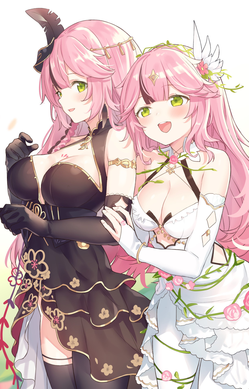 2girls absurdres asymmetrical_legwear bare_shoulders black_dress black_gloves black_thighhighs braid breasts bridal_gauntlets cleavage cleavage_cutout clothing_cutout commission dress elbow_gloves feather_hair_ornament feathers gloves gold_trim green_eyes hair_ornament halter_dress halterneck hand_up highres hip_vent hiraga_matsuri lan_(tower_of_fantasy) large_breasts long_hair looking_at_viewer multicolored_hair multiple_girls official_alternate_costume open_mouth pantyhose pink_hair simple_background single_leg_pantyhose skeb_commission sleeveless sleeveless_dress smile streaked_hair thighhighs tower_of_fantasy underboob_cutout wedding_dress white_background white_dress white_pantyhose