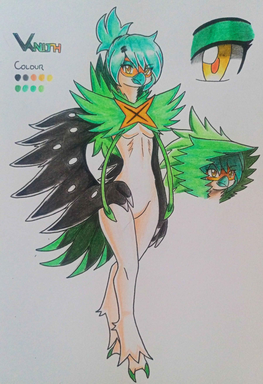 4:3 absurd_res anthro avian black_wings breasts decidueye feathers feet female generation_7_pokemon green_body green_feathers hi_res ideltasarc333 looking_at_viewer nintendo pokemon pokemon_(species) small_breasts solo talons toes vanith_(nyxcha) wings