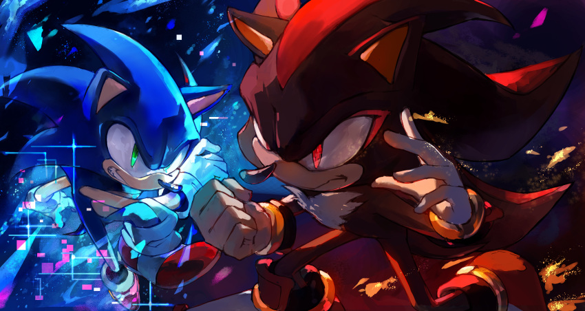 absurd_res action_pose anthro black_body black_fur blazykun blue_body blue_fur clothing digital_media_(artwork) duo eulipotyphlan footwear fur gloves green_eyes handwear hedgehog hi_res male male/male mammal pose sega shadow_the_hedgehog smile sonic_the_hedgehog sonic_the_hedgehog_(series) tail