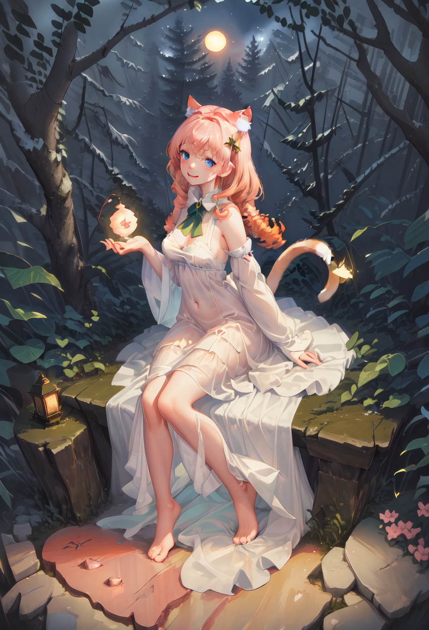 1girls :d ai_generated animal_ear_fluff animal_ears bangs bare_legs bare_shoulders bare_tree barefoot blue_eyes blush braid breasts cat_ears cat_girl cat_tail cleavage covered_navel detached_sleeves dress drill_hair extra_ears feet flower forest full_body full_moon green_neckerchief hair_ornament hand_up knees_together_feet_apart lantern legs long_hair long_sleeves looking_at_viewer medium_breasts moon nail_polish natsuyoru nature navel night night_sky open_mouth orange_hair outdoors panties pink_hair rock see-through see-through_dress sitting sleeveless_dress smile snow solo tail tail_ornament tail_raised teeth toenail_polish toenails toes tree twin_braids underwear unnamed_character upper_teeth_only white_dress white_panties white_sleeves