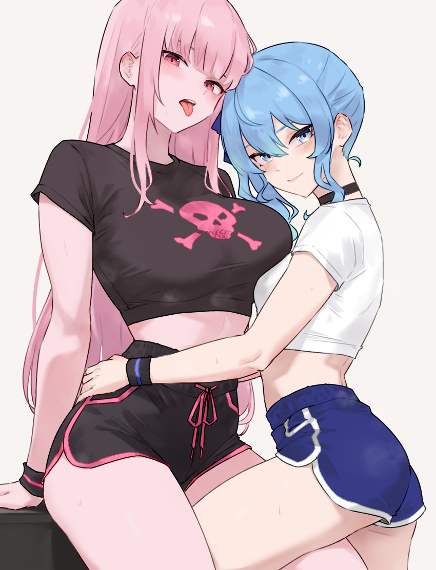 2girls absurdres ass asymmetrical_docking black_choker black_shirt black_shorts black_wristband blue_eyes blue_hair blue_ribbon blue_shorts bluefield blush breast_press breasts choker commentary dolphin_shorts grey_background hair_ribbon hand_on_another's_hip height_difference highres hololive hololive_english hoshimachi_suisei large_breasts leg_between_thighs long_hair looking_at_viewer median_furrow mori_calliope multiple_girls open_mouth pink_eyes pink_hair pink_trim ribbon shirt short_sleeves shorts simple_background sitting skull_print star_(symbol) star_in_eye sweat symbol_in_eye teeth thighs tongue tongue_out upper_teeth_only virtual_youtuber white_shirt