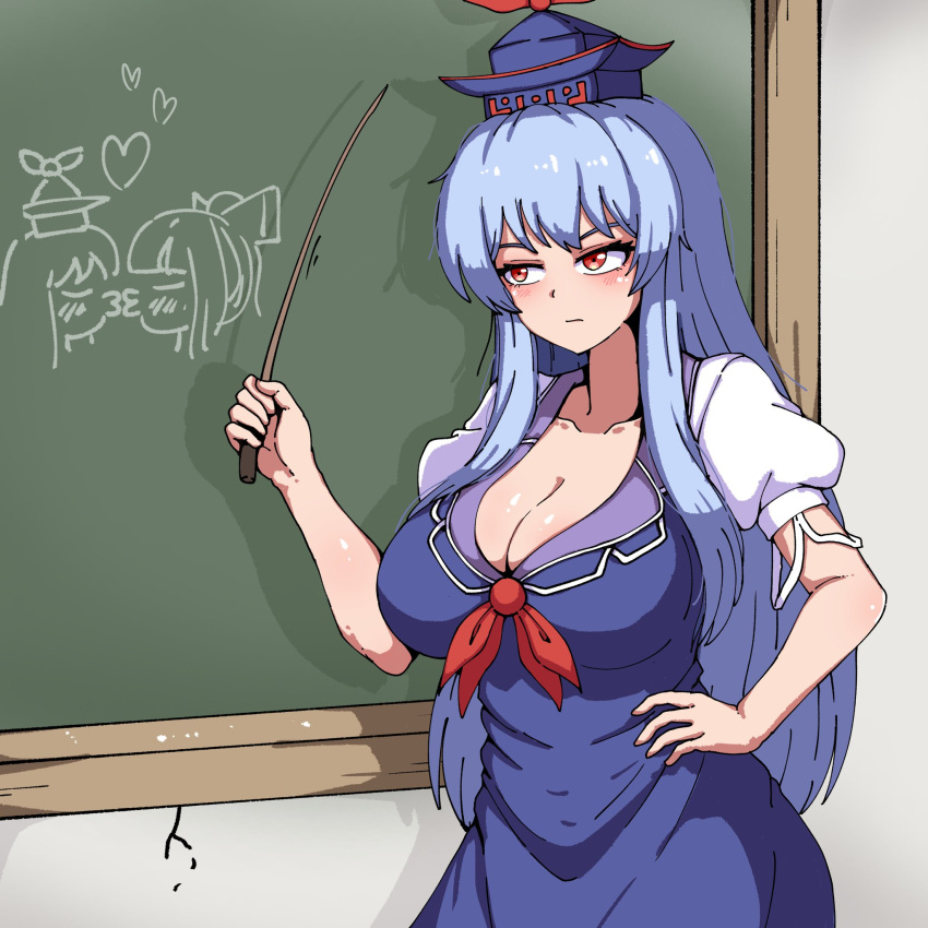 blue_dress blue_hair blue_hat breasts chalkboard cleavage dress ehehe52921343 female fujiwara_no_mokou hat highres indoors kamishirasawa_keine large_breasts red_eyes solo touhou upper_body