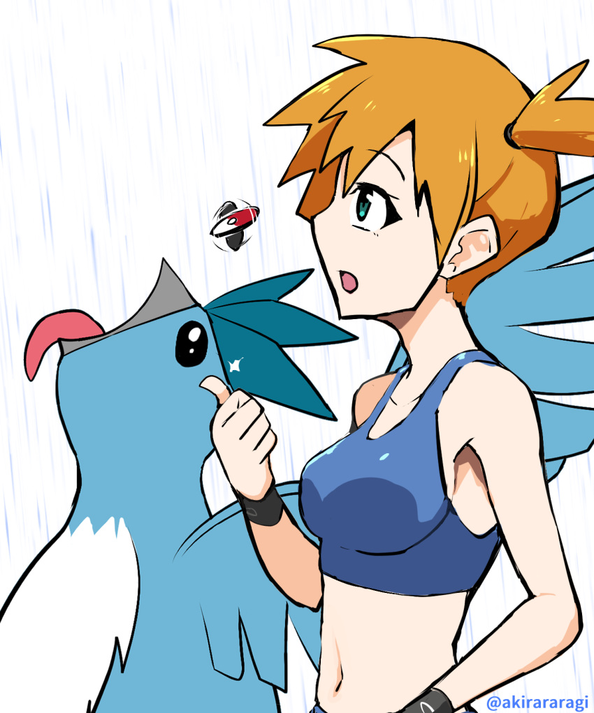 a-kiraa_(whisper) articuno bikini bird black_eyes blue_bikini breasts coin collarbone drinking female goku_and_vegeta_in_the_rain_(meme) green_eyes highres kasumi_(pokemon) looking_up meme navel open_mouth pokemon pokemon_(creature) pokemon_frlg pokemon_tcg_pocket ponytail rain side_ponytail sideboob swimsuit tongue tongue_out water white_background wings