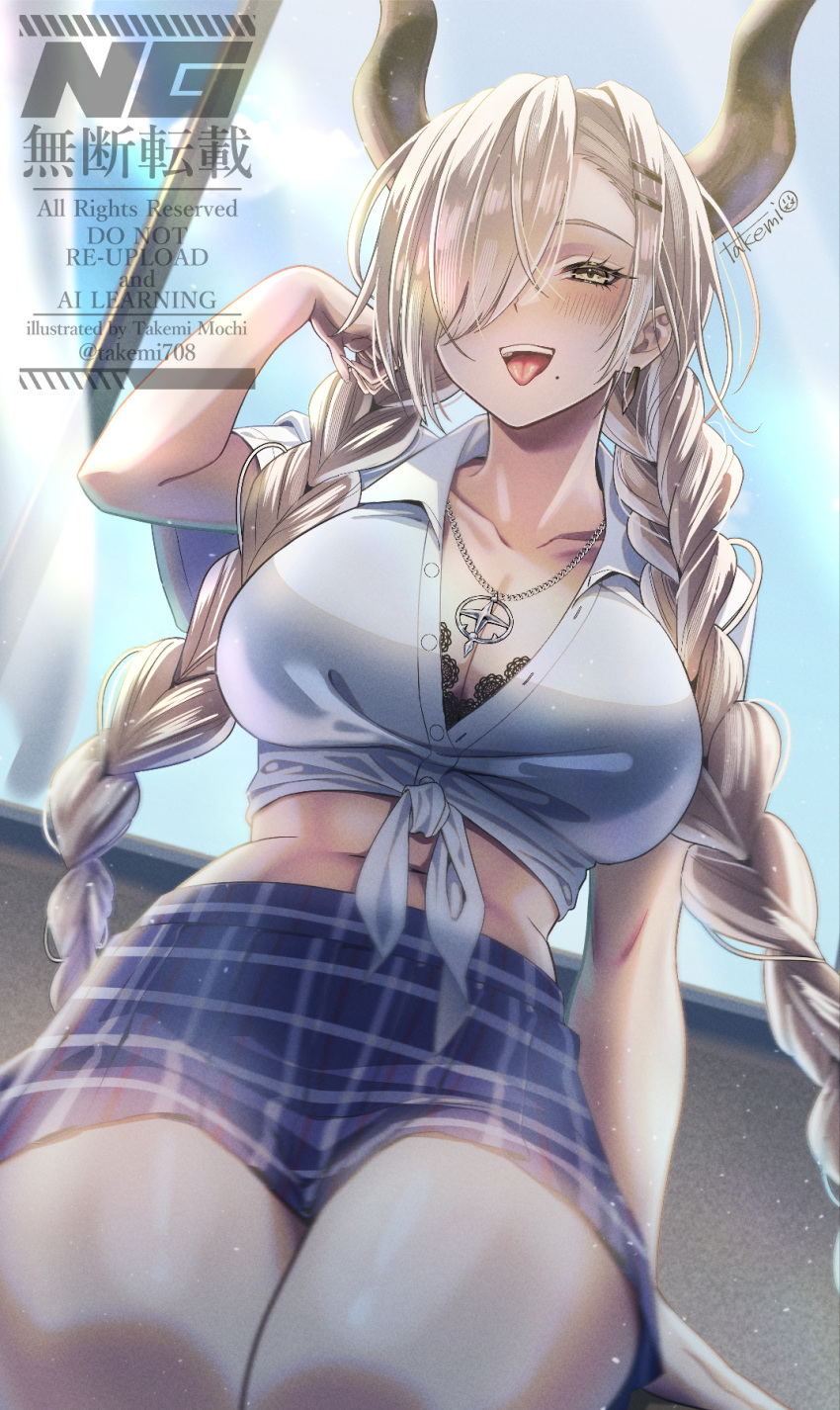 amesuku_gyaru artist_name azur_lane black_bra bra bra_peek breasts brown_horns cleavage collarbone female gyaru hair_over_one_eye highres horns indoors jewelry kogal lace-trimmed_bra lace_trim large_horns light_blush long_hair midriff miniskirt necklace open_mouth owari_(azur_lane) pantyhose partially_unbuttoned plaid_clothes plaid_skirt school_uniform short_sleeves sitting skirt solo takemi_mochi tongue tongue_out underwear very_long_hair white_pantyhose window yellow_eyes