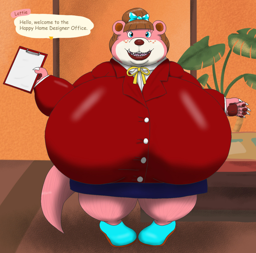 alythewolfcat animal_crossing anthro big_breasts breasts clipboard english_text female freckles hi_res huge_breasts hyper hyper_breasts lottie_(animal_crossing) mammal mustelid nintendo otter overweight overweight_female river_otter solo text worksuit