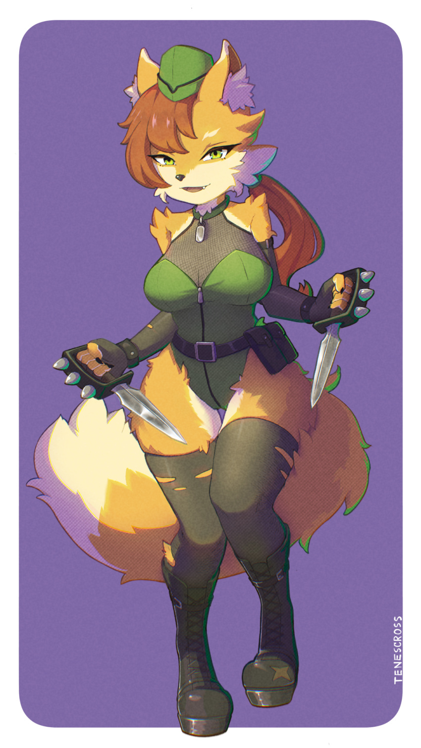 anthro belt belt_pouch boots breasts canid canine clothing dog_tags dual_wielding dual_wielding_melee_weapons female footwear fox hair hat headgear headwear hi_res holding_object holding_weapon knife mammal military_cap ponytail shoes simple_background solo tenescross weapon