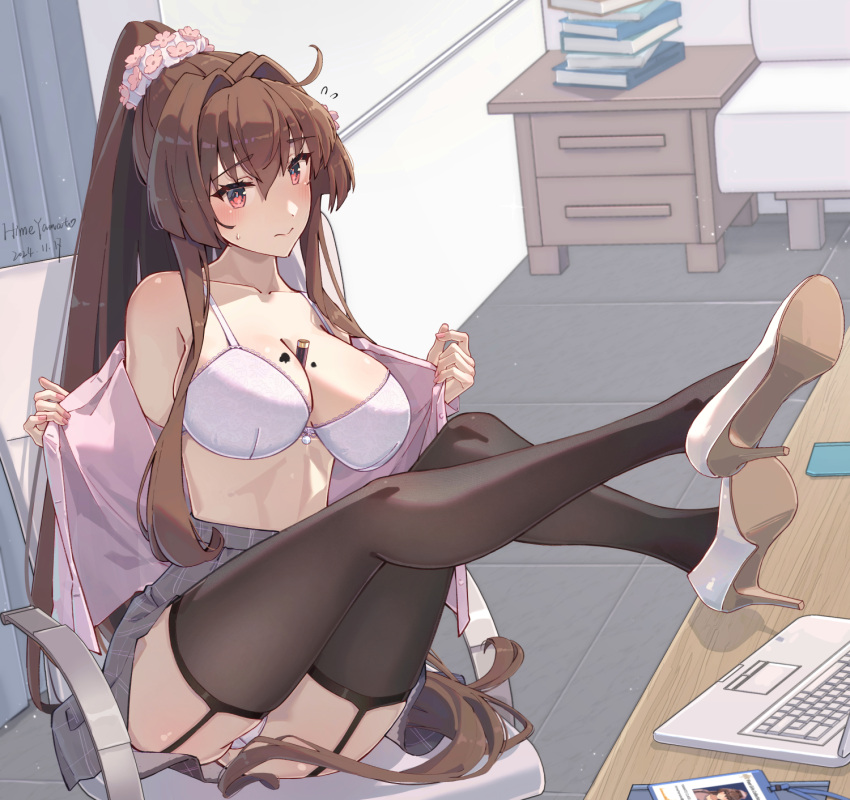 black_thighhighs breasts brown_hair cleavage female garter_straps high_ponytail highres himeyamato indoors kantai_collection large_breasts legs looking_at_viewer office_lady open_clothes red_eyes sitting solo thighhighs yamato_(kancolle)