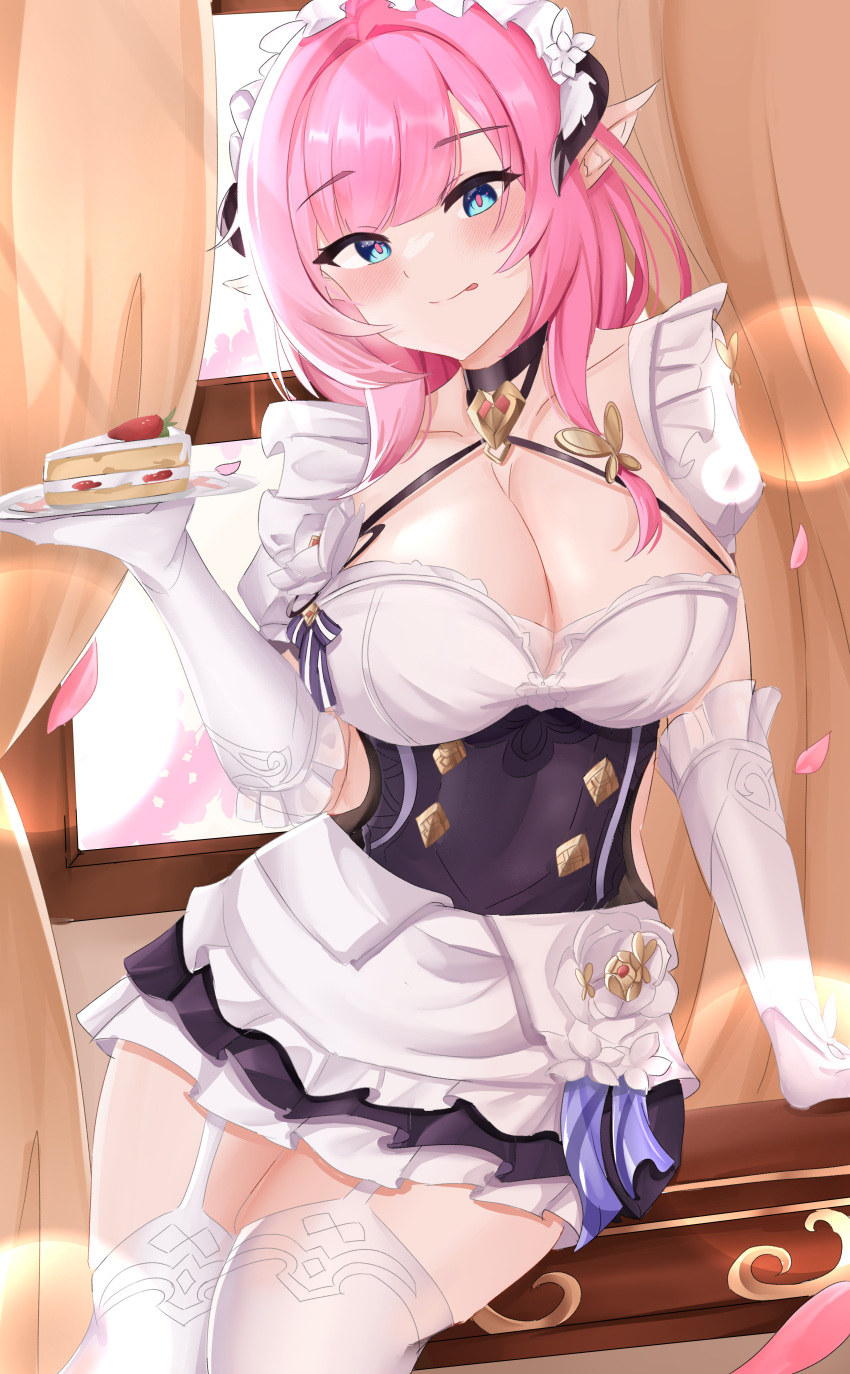 absurdres apron bare_shoulders blue_eyes blush breasts cake cake_slice cleavage curtains dress elf elysia_(honkai_impact) elysia_(miss_pink)_(honkai_impact) elysia_(miss_pink_elf)_(honkai_impact) female food gloves hair_ornament highres holding holding_tray honkai_(series) honkai_impact_3rd kuro_(blackpgmickey) large_breasts light_rays long_hair looking_at_viewer maid maid_apron maid_cafe maid_headdress pink_hair pointy_ears ponytail purple_eyes ribbon skirt smile solo strawberry_cake sunlight thighhighs tray white_gloves window