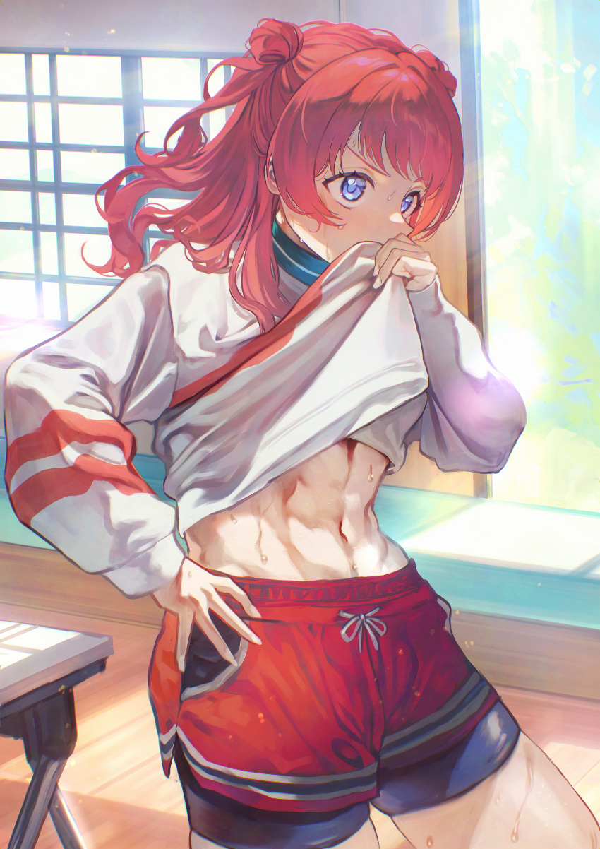 abs absurdres bike_shorts bike_shorts_under_shorts blue_eyes blush clothes_lift commentary english_commentary female gakuen_idolmaster hanami_saki hand_on_own_hip highres idolmaster indoors lifting_own_clothes looking_ahead navel otsudou red_hair red_shorts shirt shirt_lift shorts solo stomach sweat thighs toned toned_female v-shaped_eyebrows white_shirt wiping_sweat