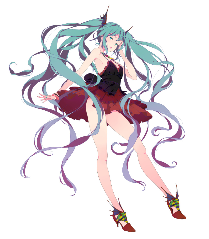 absurdres aqua_eyes aqua_hair aqua_nails armpit_crease bare_arms bare_legs bare_shoulders black_camisole bracelet breasts camisole commentary_request dress female floating_hair hand_on_own_head hatsune_miku high_heels highres jewelry kamogawa_(kamogawa_sodachi) layered_skirt long_hair long_legs looking_at_viewer multicolored_clothes multicolored_dress necklace open_mouth red_footwear red_frills red_skirt shell shell_bracelet shell_necklace sidelocks skirt small_breasts solo spaghetti_strap very_long_hair vocaloid white_background