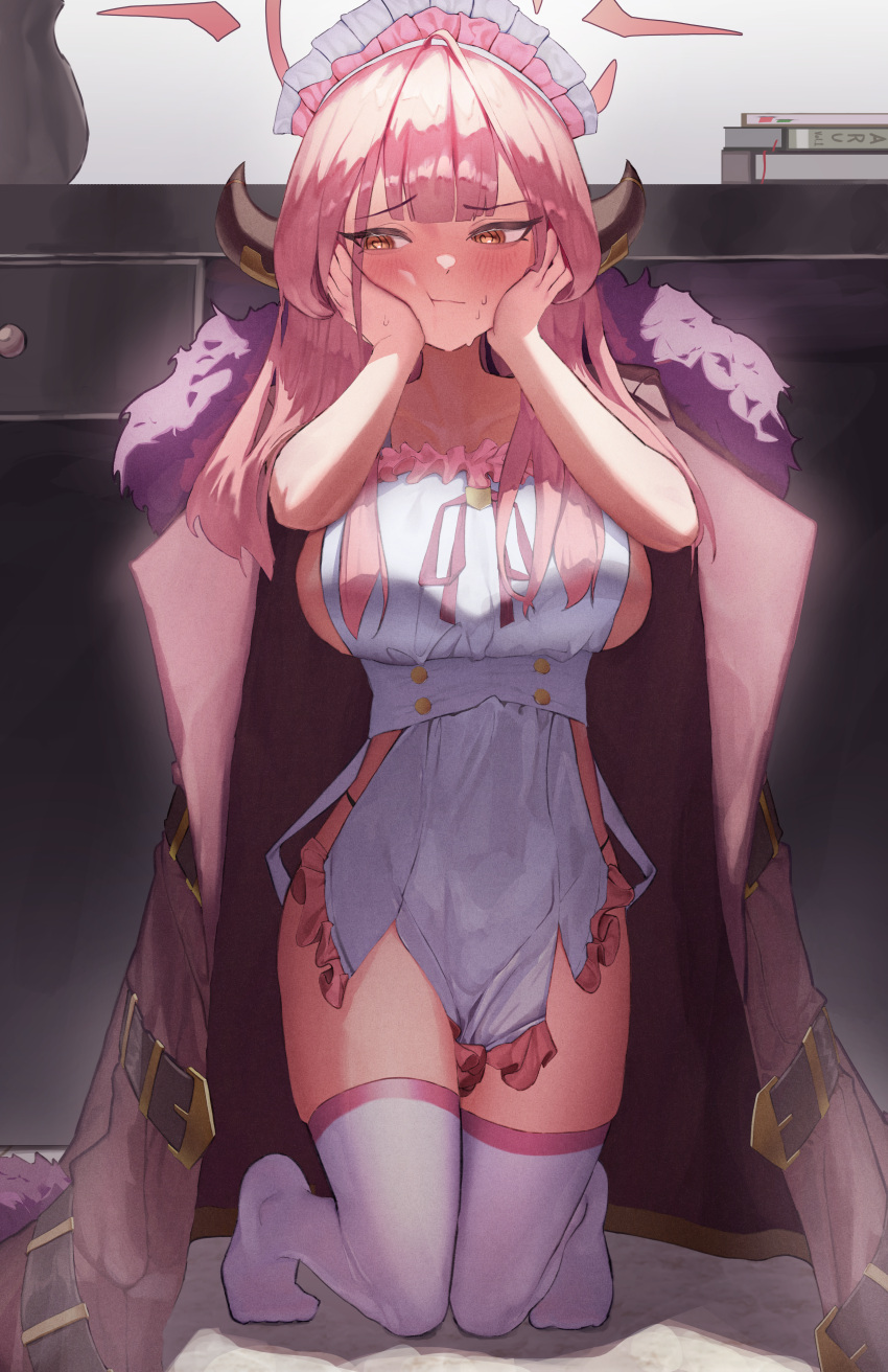 :t @_@ absurdres ahoge apron aru_(blue_archive) blue_archive blush book breasts brown_coat brown_horns closed_mouth coat collarbone commentary desk female flustered frilled_apron frills fur_coat halo hands_on_own_cheeks hands_on_own_face hands_up highres horns huge_breasts kenka_(user_hrjm2543) kneeling long_hair looking_to_the_side low_horns maid_headdress nearly_naked_apron no_shoes open_clothes open_coat orange_eyes pink_hair pink_halo pink_headdress sideboob solo sweat thighhighs thighs tiptoes vase white_apron white_thighhighs