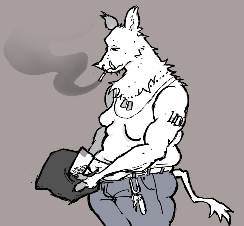 2023 3_fingers absurd_res anthro arm_tattoo belt black_eyes blue_bottomwear blue_clothing blue_pants bottomwear breasts chest_tuft cigarette cigarette_in_mouth cigarette_smoke clothing digital_drawing_(artwork) digital_media_(artwork) dog_tags english_description female fingers flockdog fur grey_fingers half-closed_eyes hi_res holding_bag holding_object hooved_fingers hooves jewelry key keyring mammal muffin_top narrowed_eyes necklace object_in_mouth pants shirt slightly_chubby slightly_chubby_anthro slightly_chubby_female small_breasts smoke smoking smoking_cigarette solo suid suina sus_(pig) tail tank_top tattoo thick_thighs topwear trans_(lore) trans_woman_(lore) tuft tusks white_belt white_body white_clothing white_fur white_shirt white_tail white_tank_top white_topwear wild_boar