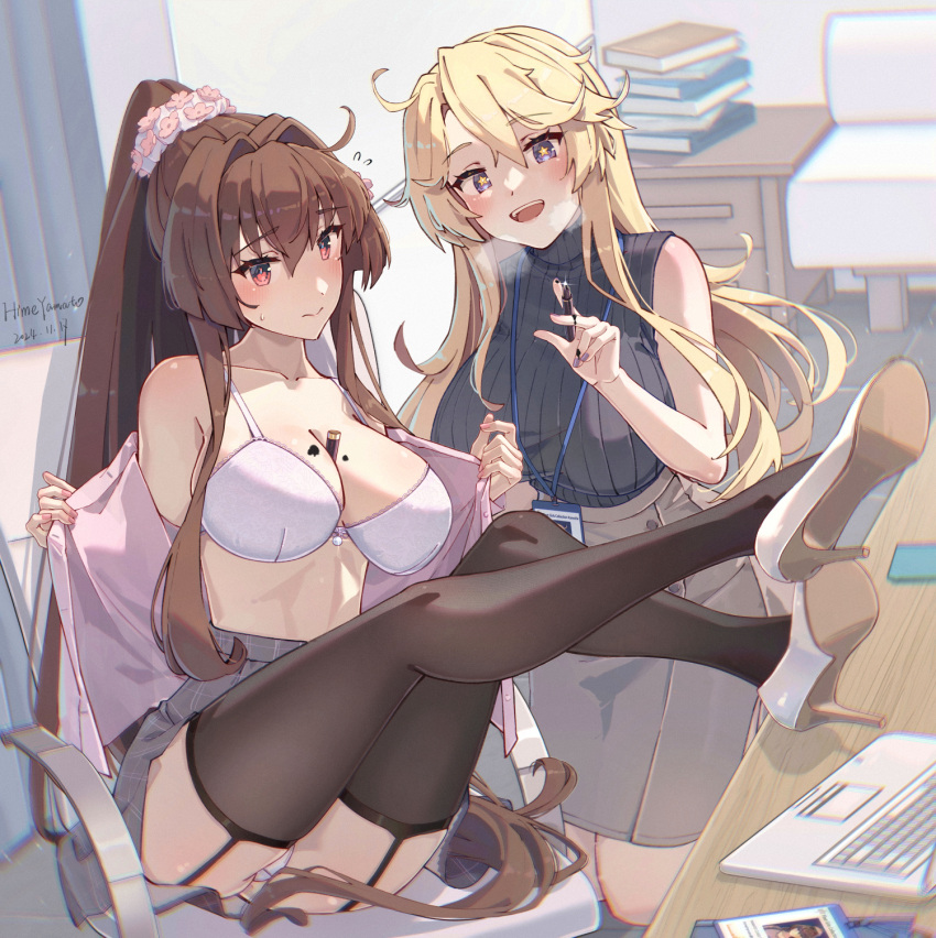 2girls artist_name bra breasts brown_hair cherry_blossoms commentary_request dated flower flying_sweatdrops hair_flower hair_intakes hair_ornament high_heels highres himeyamato ink ink_on_breast iowa_(kancolle) kantai_collection large_breasts legs multiple_girls open_clothes open_shirt panties pen pencil_skirt pink_shirt ponytail shirt sitting skirt star-shaped_pupils star_(symbol) symbol-shaped_pupils thighhighs underwear upskirt white_bra yamato_(kancolle)