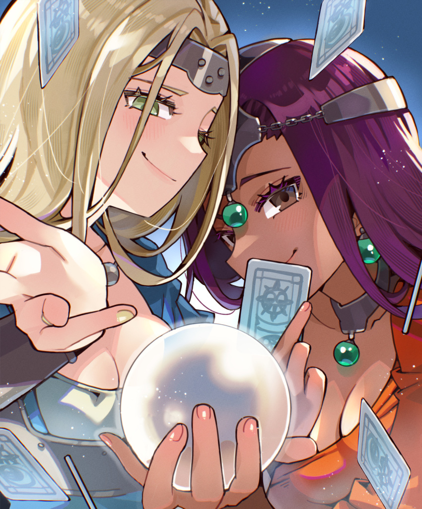 2girls blonde_hair blue_sky breasts brown_eyes card cleavage closed_mouth commentary_request dark-skinned_female dark_skin dragon_quest dragon_quest_iv dragon_quest_vi forehead_protector green_eyes highres holding holding_card holding_orb kuzuno_ha looking_at_viewer loose_hair_strand minea_(dq4) mireyu multiple_girls purple_hair reaching reaching_towards_viewer sky smile smug