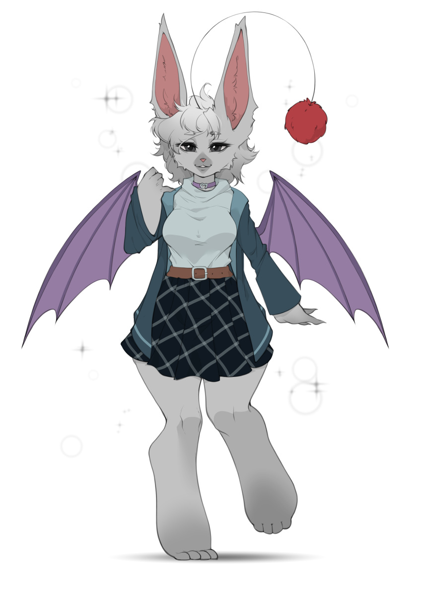 absurd_res anthro belt bonnie_klunnox bottomwear choker clothed clothing danch1k female final_fantasy front_view hi_res humanoid ivalician_moogle jewelry layered_clothing looking_at_viewer mammal moogle necklace skirt solo sparkles spread_wings square_enix wings