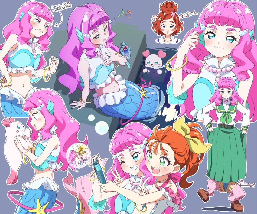 :d absurdres animal arrow_(symbol) bangle bare_shoulders beamed_eighth_notes blue_eyes blush bracelet brown_footwear brown_hair character_request commentary_request cure_summer daidaiiro eighth_note go!_princess_precure green_eyes green_sailor_collar green_skirt grey_background hair_bun haruno_haruka highres jewelry kururun_(precure) laura_la_mer loafers long_hair long_sleeves mermaid monster_girl multiple_views musical_note natsuumi_manatsu navel necklace notice_lines orange_hair partially_submerged pearl_necklace pink_hair pleated_skirt ponytail precure puffy_long_sleeves puffy_sleeves sailor_collar school_uniform seal_(animal) serafuku shirt shoes simple_background skirt smile star_(symbol) thick_eyebrows tropical-rouge!_precure very_long_hair water white_shirt