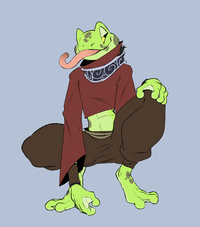 absurd_res amphibian anthro biped clothed clothing fingers frog green_body hi_res long_tongue male membrane_(anatomy) redras_shoru simple_background solo tongue tongue_out varahir_(redras_shoru) webbed_hands