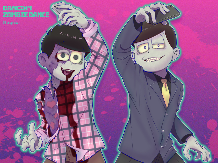 2boys arm_up atsushi_(osomatsu-san) black_eyes blood blood_from_eyes blood_from_mouth bloodshot_eyes brown_hair colored_sclera colored_skin e-ste002 fangs grey_skin grin highres holding holding_phone male_focus matsuno_todomatsu multicolored_skin multiple_boys necktie osomatsu-san osomatsu_(series) patchwork_skin phone shirt smile torn_clothes torn_shirt two-tone_skin uneven_eyes yellow_necktie yellow_sclera zombie