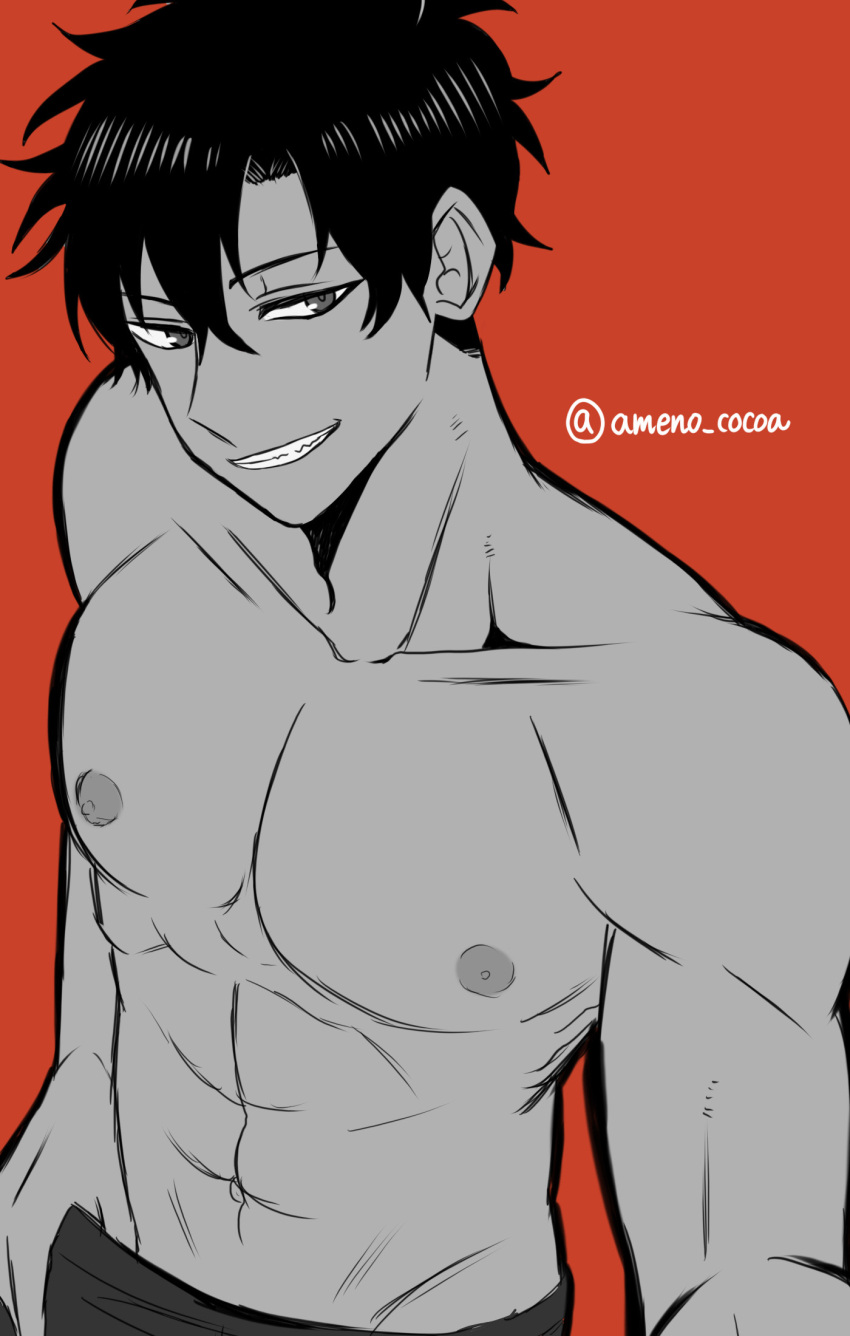 1boy abs adam's_apple akina_(user_htkx7587) bare_pectorals black_hair collarbone hair_between_eyes hand_in_pants highres looking_at_viewer male_focus monochrome muscular muscular_male navel nipples pants pectorals red_background short_hair smirk solo_leveling spot_color sung_jin-woo teasing topless topless_male twitter_username undercut