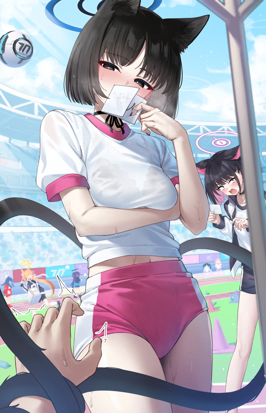 6+girls absurdres alternate_costume animal_ear_fluff animal_ear_headwear animal_ears black_bra black_eyes black_hair blue_archive blue_halo blush bra bra_visible_through_clothes breasts buruma cat_ears cat_tail colored_inner_hair commentary_request extra_ears gym_shorts gym_uniform hair_ornament halo highres jacket kazusa_(blue_archive) kikyou_(blue_archive) long_hair looking_at_viewer mari_(blue_archive) mari_(track)_(blue_archive) multicolored_hair multiple_girls multiple_tails orange_hair pink_buruma pink_hair pizza_(pizzania_company) red_eyes sailor_collar school_uniform short_hair shorts solo_focus tail translation_request two-tone_hair two_tails underwear yellow_halo yuuka_(blue_archive) yuuka_(track)_(blue_archive)