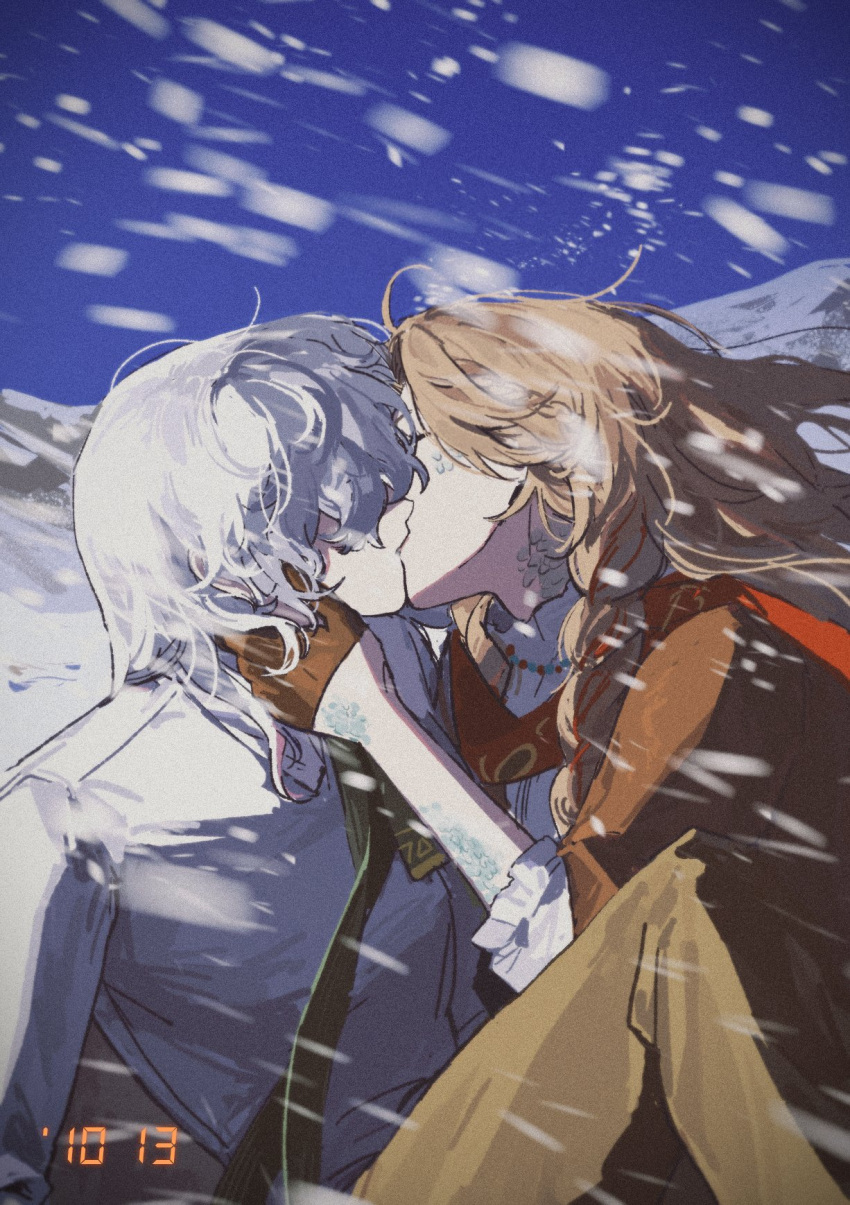 2girls blonde_hair closed_eyes gloves green_necktie gyeol_124 hair_flowing_over half_gloves highres kissing long_hair medium_hair multiple_girls necktie photo_(object) reverse:1999 scales snowing vila_(reverse:1999) white_hair windsong_(reverse:1999) yuri