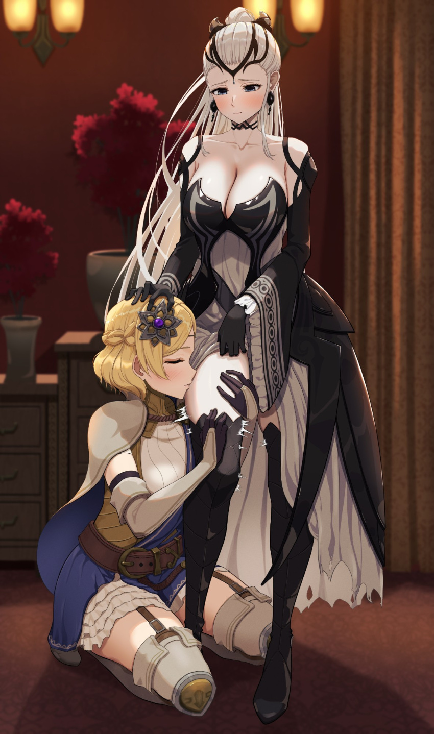 2girls azuki_(azuki_azukki) belt black_choker black_dress black_footwear black_gloves black_tiara blonde_hair blue_eyes blush boots braid breasts cape carpet choker circlet cleavage closed_eyes clothes_lift commission commissioner_upload curtains drawer dress earrings eir_(fire_emblem) fire_emblem fire_emblem_heroes fire_emblem_warriors flower flower_hairpin frilled_skirt frilled_sleeves frills gloves gold_circlet gold_tiara hair_flower hair_ornament hairpin highres holding_another's_hair holding_another's_leg jewelry kissing kneeling lamp large_breasts lianna_(fire_emblem) long_hair long_sleeves multiple_girls ponytail short_hair sidelocks skirt skirt_lift sunflower sunflower_hair_ornament thigh_boots thigh_strap tiara tree trembling vase wall_lamp white_dress white_hair yuri