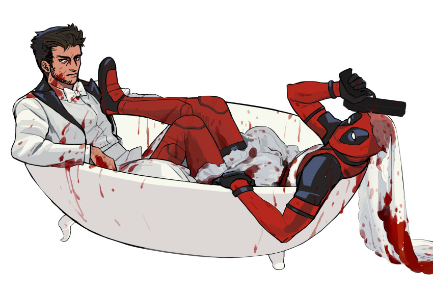 2boys absurdres arksia arm_rest arm_up bathtub beard blood blood_on_body blood_on_clothes blood_splatter bow bowtie bridal_veil brown_eyes brown_hair closed_mouth collared_shirt commentary deadpool deadpool_&_wolverine deadpool_(series) dress dress_shirt facial_hair gun handgun hashtag-only_commentary highres holding holding_gun holding_weapon lapels layered_sleeves leaning leaning_back looking_at_viewer looking_to_the_side male_focus marvel marvel_cinematic_universe multiple_boys no_pupils outstretched_leg shirt short_hair sideways_glance simple_background suit superhero_costume veil weapon white_background white_bow white_bowtie white_dress white_eyes white_shirt white_suit wing_collar wolverine_(x-men) x-men