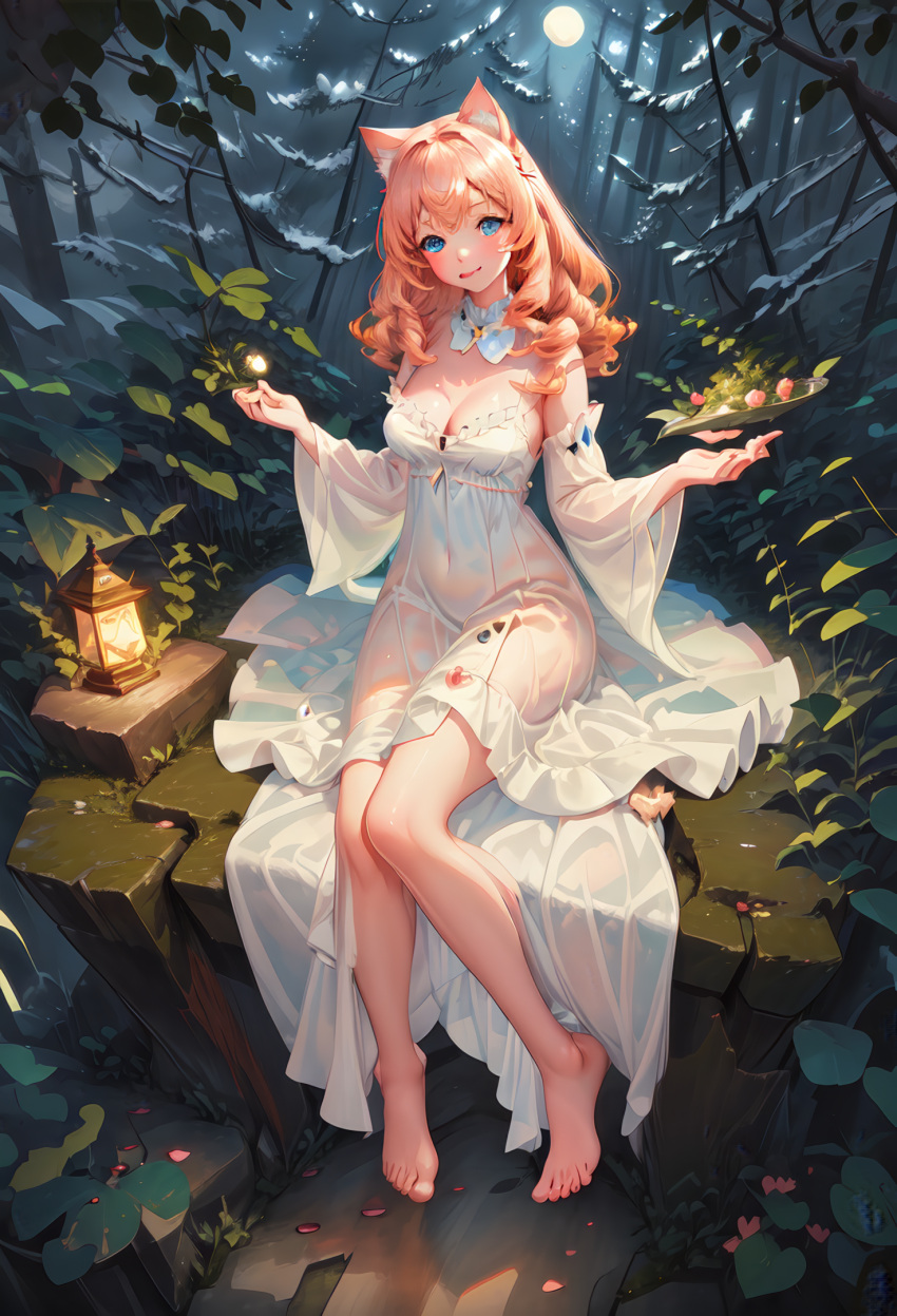 1girls :d ai_generated animal_ear_fluff animal_ears bangs bare_legs bare_shoulders barefoot blonde_hair blue_eyes blush bow breasts cat_ears cat_girl cat_tail cleavage covered_navel curly_hair dango detached_collar detached_sleeves dress drill_hair feet flower food forest frilled_dress frills full_body full_moon grass hair_between_eyes hair_ornament hands_up holding knees_together_feet_apart lantern large_breasts leaf legs long_hair long_sleeves looking_at_viewer medium_breasts mole moon natsuyoru nature night open_mouth orange_hair outdoors panties petals plant see-through see-through_dress sitting smile snow solo strapless strapless_dress tail teeth toenail_polish toenails toes tree underwear unnamed_character upper_teeth_only wagashi white_collar white_dress white_panties white_sleeves wide_sleeves