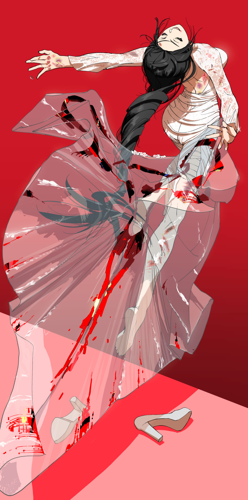 absurdres back_cutout bandaged_leg bandages bare_back black_hair blood blood_on_clothes bruise chinese_commentary closed_eyes clothing_cutout commentary_request dress drill_hair eyelashes female floating floating_clothes floating_hair full_body high_heels highres injury lace lantern_madoyoi leaning_back lips long_hair long_skirt long_sleeves open_mouth original pink_lips ponytail red_background see-through_clothes see-through_skirt shoe_loss skirt smile solo thick_eyebrows train very_long_hair white_dress white_footwear white_skirt