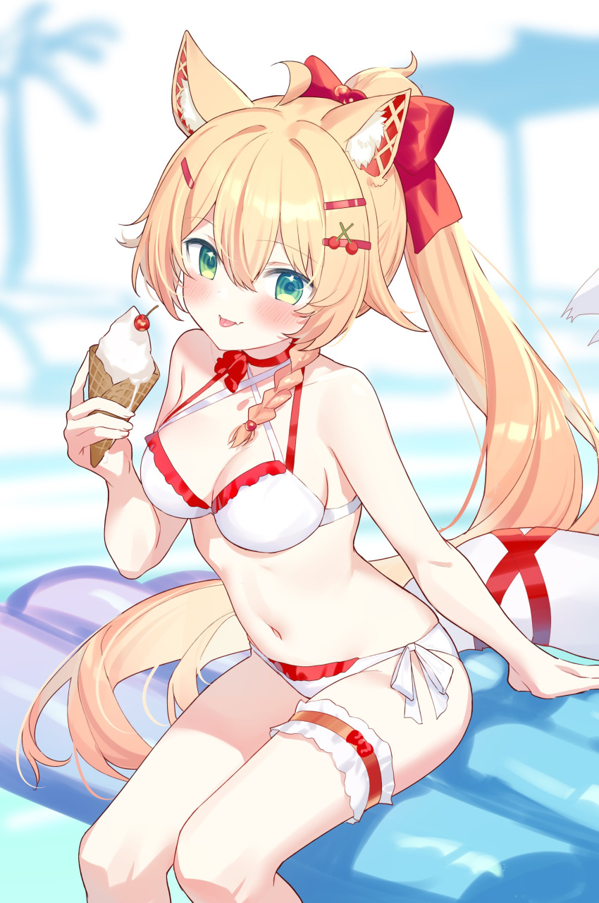 absurdres ahoge animal_ears bare_arms bare_shoulders bikini blonde_hair bow breasts bridal_garter choker cleavage closed_mouth commission criss-cross_halter female food fox_ears green_eyes hairbow halterneck highres hiraga_matsuri holding holding_food holding_ice_cream ice_cream long_hair looking_at_viewer medium_breasts multi-strapped_bikini_top navel original ponytail red_choker side-tie_bikini_bottom sitting skeb_commission smile solo stomach string_bikini swimsuit thighs tongue tongue_out very_long_hair white_bikini