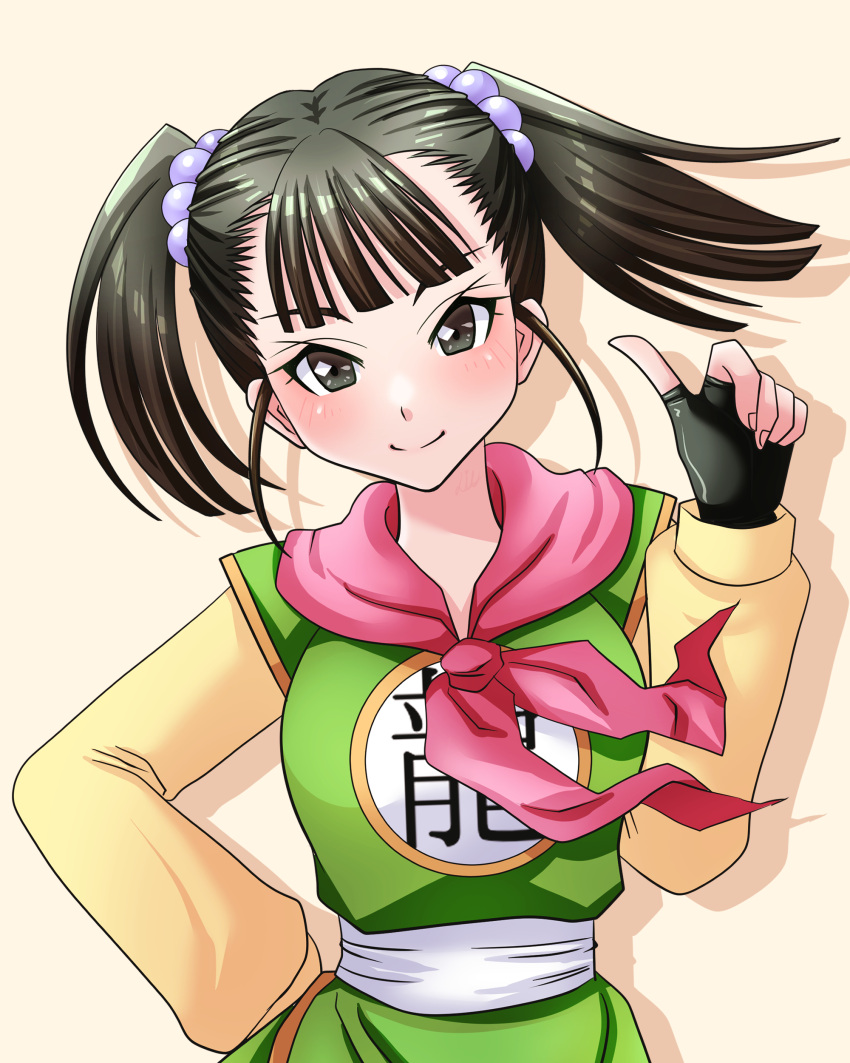 absurdres black_eyes black_hair blush commentary_request dragon_quest dragon_quest_iii female fighter_(dq3) fingerless_gloves gloves hair_bobbles hair_ornament hand_on_own_hip head_tilt highres looking_at_viewer nekoashikonbu8 scarf smile solo tsurime twintails