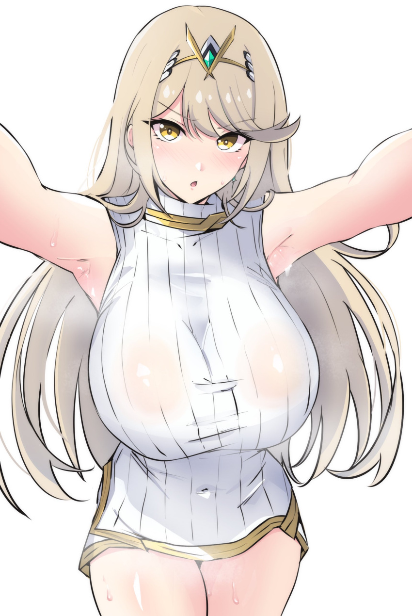 absurdres alternate_costume armpits blonde_hair blush breasts commentary_request covered_navel female highres large_breasts latte long_hair looking_at_viewer mythra_(xenoblade) open_mouth simple_background sleeveless sleeveless_sweater solo standing sweat sweater sweaty_armpits tiara v-shaped_eyebrows white_background xenoblade_chronicles_(series) xenoblade_chronicles_2 yellow_eyes