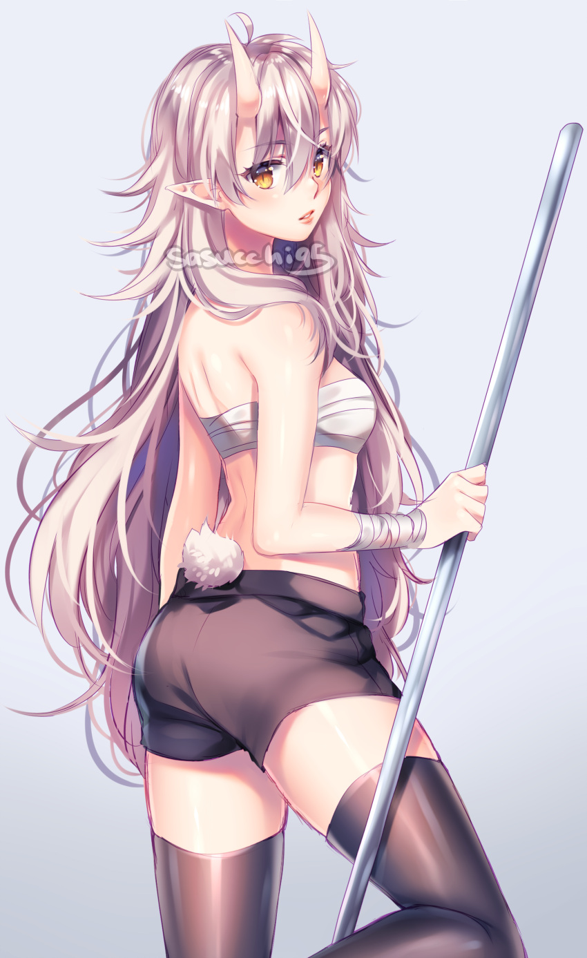 absurdres arm_at_side artist_name back bandaged_arm bandaged_chest bandages bare_arms bare_shoulders black_shorts black_thighhighs blush commentary cowboy_shot english_commentary female from_behind grey_background grey_hair hair_between_eyes highres holding holding_pole horns lips long_hair looking_at_viewer looking_back orange_eyes original parted_lips pointy_ears pole rabbit_tail sasucchi95 shiny_clothes shiny_legwear short_shorts shorts simple_background skin-covered_horns slit_pupils solo tail thighhighs very_long_hair yuki_(sasucchi95)