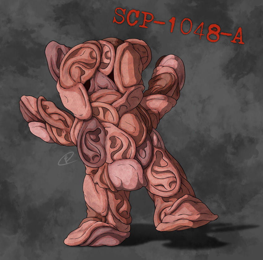 2023 absurd_res ambiguous_gender animate_inanimate anthro biped body_horror character_name chimericecho clip_studio_paint_(artwork) colored digital_media_(artwork) digital_painting_(artwork) ear_creature english_description featureless_crotch featureless_feet featureless_hands feet front_view full-length_portrait grey_background hi_res horror_(theme) human_ears light_body light_skin number organ_creature patchwork_creature portrait red_text scp-1048-a scp_foundation shaded shadow signature simple_background solo tan_body tan_skin teddy_bear_(species) text walking why