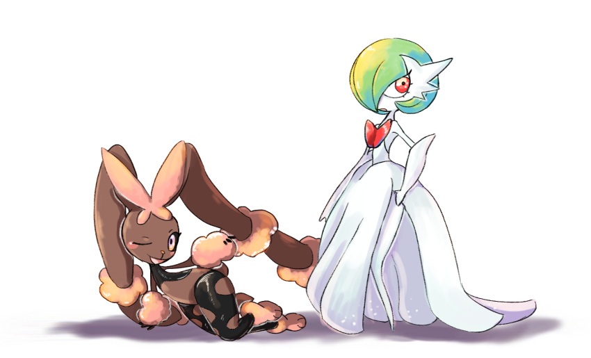 animal_ears black_fur bob_cut brown_fur colored_skin dress elbow_gloves furry gardevoir gloves green_hair highres looking_at_viewer lop_rabbit_ears lopunny mega_gardevoir mega_lopunny mega_pokemon one_eye_closed pink_eyes pokemon pokemon_(creature) rabbit_ears simple_background strapless strapless_dress thigh_peek two-tone_fur uko02200 white_background white_dress white_gloves white_skin