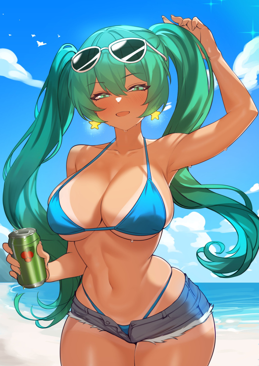 absurdres alternate_costume alternate_skin_color aqua_eyes aqua_hair beach bikini bikini_under_shorts blue_bikini brazilian_miku breasts can cleavage collarbone earrings female hatsune_miku highres holding holding_can jewelry large_breasts long_hair looking_at_viewer navel open_fly open_mouth pyers sand shorts_tan smile solo star_(symbol) star_earrings swimsuit tan tanline_peek tanlines twintails very_long_hair vocaloid water