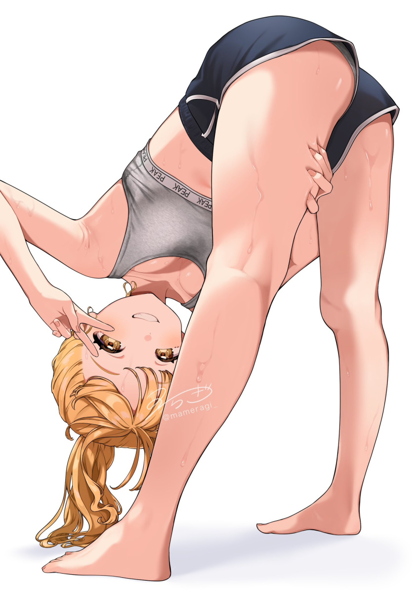 bare_shoulders barefoot bent_over blonde_hair brown_hair female fujita_kotone gakuen_idolmaster grin highres idolmaster mameragi midriff panties ponytail short_shorts shorts signature smile solo sports_bra sweat sweat_stain top-down_bottom-up underwear v