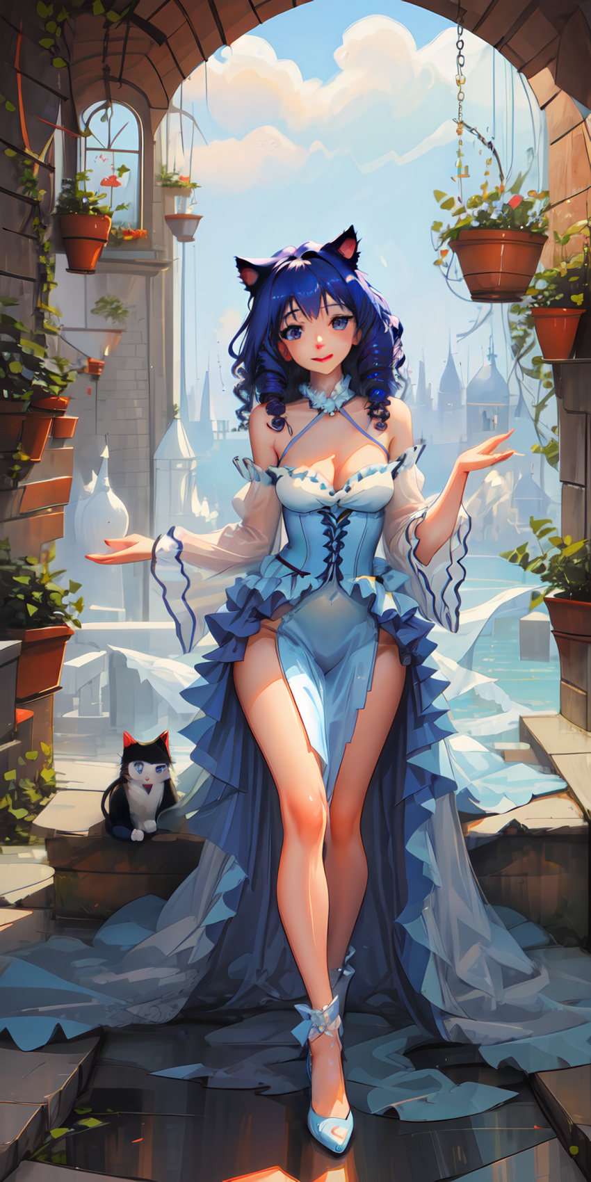 1girls ai_generated animal animal_ear_fluff animal_ears ankle_ribbon arch bangs bare_legs bare_shoulders black_cat blue_dress blue_eyes blue_footwear blue_hair blue_sky blush breasts building canine cat_ears cat_girl cleavage cloud covered_navel criss-cross_halter cross-laced_clothes curly_hair day detached_collar detached_sleeves dress drill_hair feline flower flower_pot frilled_dress frilled_sleeves frills full_body halter_dress halterneck hands_up high_heels large_breasts lips long_hair long_sleeves looking_at_viewer medium_breasts natsuyoru open_mouth outdoors pelvic_curtain plant potted_plant ringlets see-through see-through_sleeves shoes side_slit sitting sky smile solo stairs standing unnamed_character white_dress white_footwear wide_sleeves