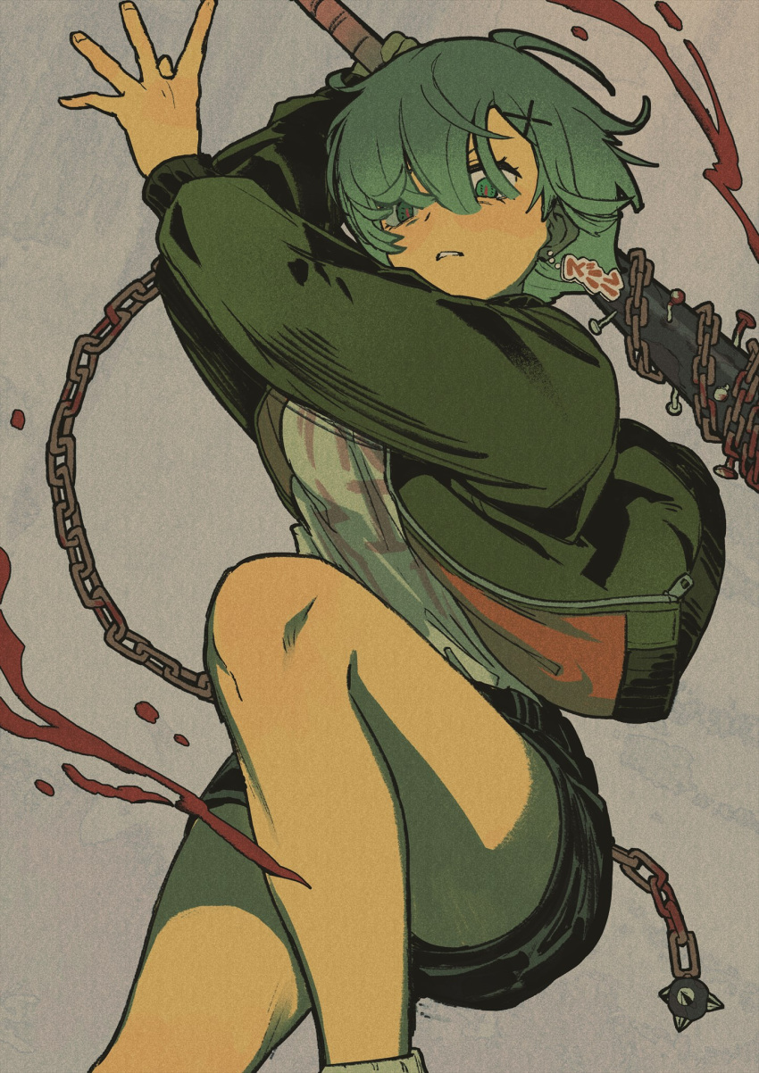 bad_id bad_twitter_id baseball_cap black_shorts blood chains commentary_request duplicate eyelashes female frown green_hair grey_background hair_between_eyes hair_ornament hat highres holding iwamushi jacket knees long_bangs looking_down open_clothes open_jacket parted_lips re:zero_kara_hajimeru_isekai_seikatsu rem_(re:zero) shirt short_hair shorts socks solo spread_fingers x_hair_ornament zipper zipper_pull_tab