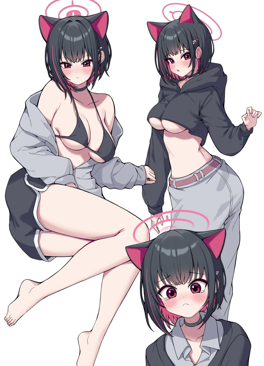 :< :c alternate_costume animal_ears arm_support bar_censor bare_legs bare_shoulders barefoot bikini black_bikini black_hair black_hoodie black_shorts blue_archive blunt_bangs blush breasts cat_ears censored collarbone collared_shirt colored_inner_hair commentary cropped_hoodie curvy dolphin_shorts extra_ears female frown full_body grey_hoodie grey_pants grey_shirt hair_behind_ear hair_intakes hair_ornament hairclip halo halterneck hand_up head_tilt highres hood hood_down hoodie kazusa_(blue_archive) knees_together_feet_apart large_breasts looking_at_viewer lying metaljelly multicolored_hair multiple_views on_side open_mouth pants pink_hair pink_halo red_eyes sad shirt short_hair shorts simple_background sleeves_past_wrists standing straight_hair swimsuit symbol-only_commentary tears thighs toes tsurime underboob v-shaped_eyebrows white_background